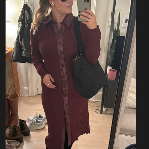 Toccin Burgundy Ribbed Knit Shirt Dress XS Midi Office Work Designer $525 - Picture 9 of 14